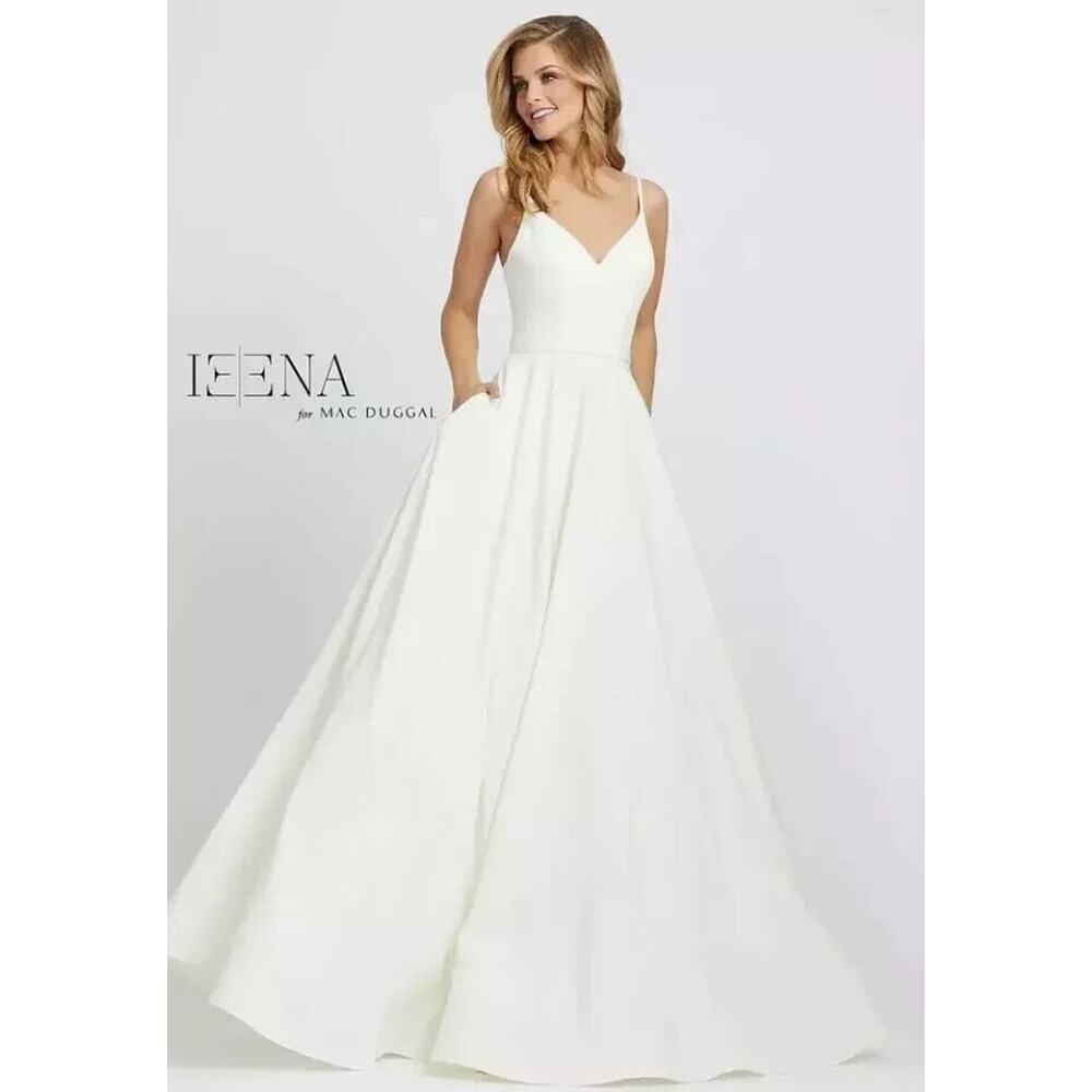 NWT Mac Duggal Women's 48855 V Neck Crepe‎ Ballgown White $398